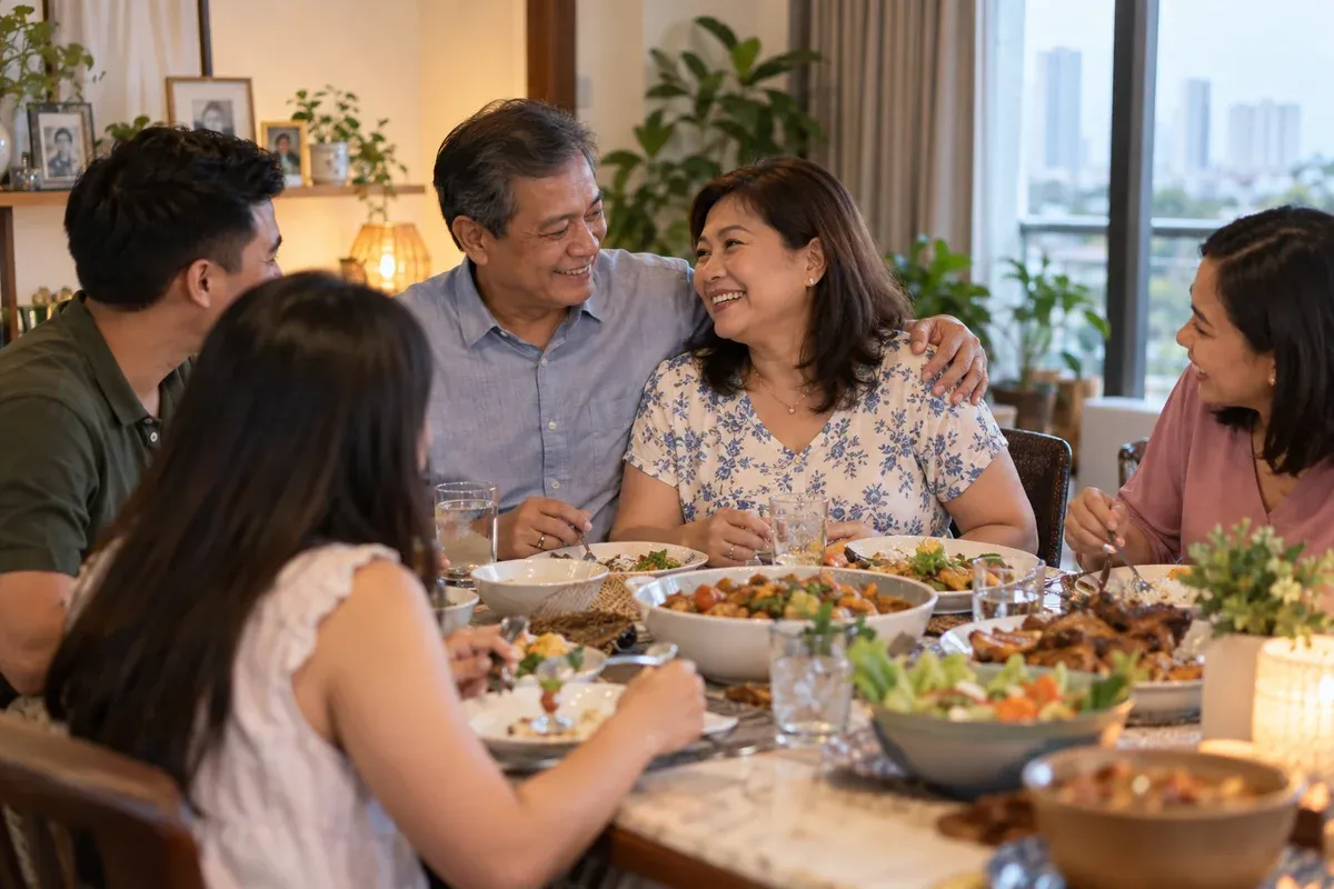 Filipino married couple sharing an anniversary meal with close family at home