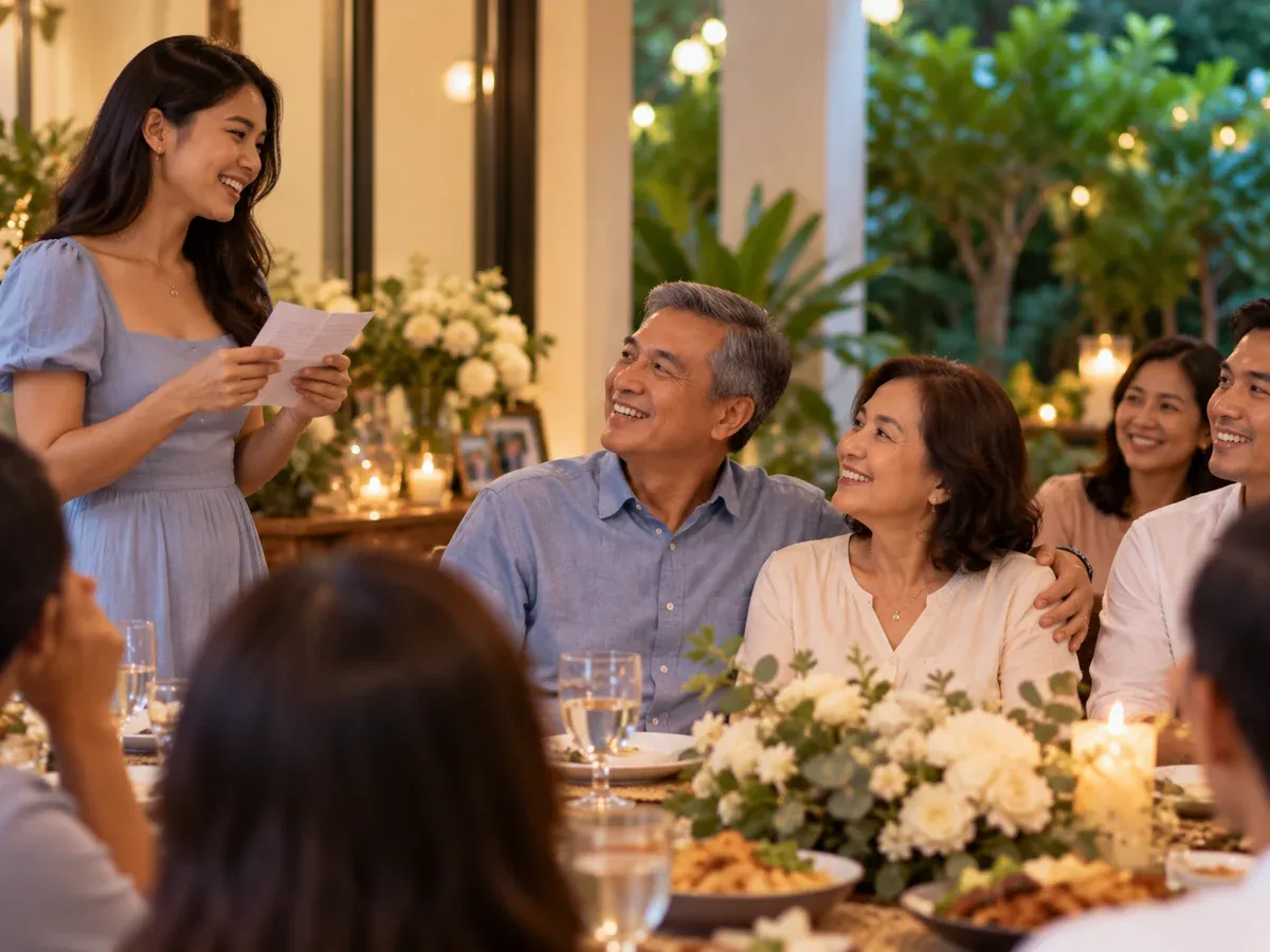 Relative giving a short anniversary tribute while the married couple listens