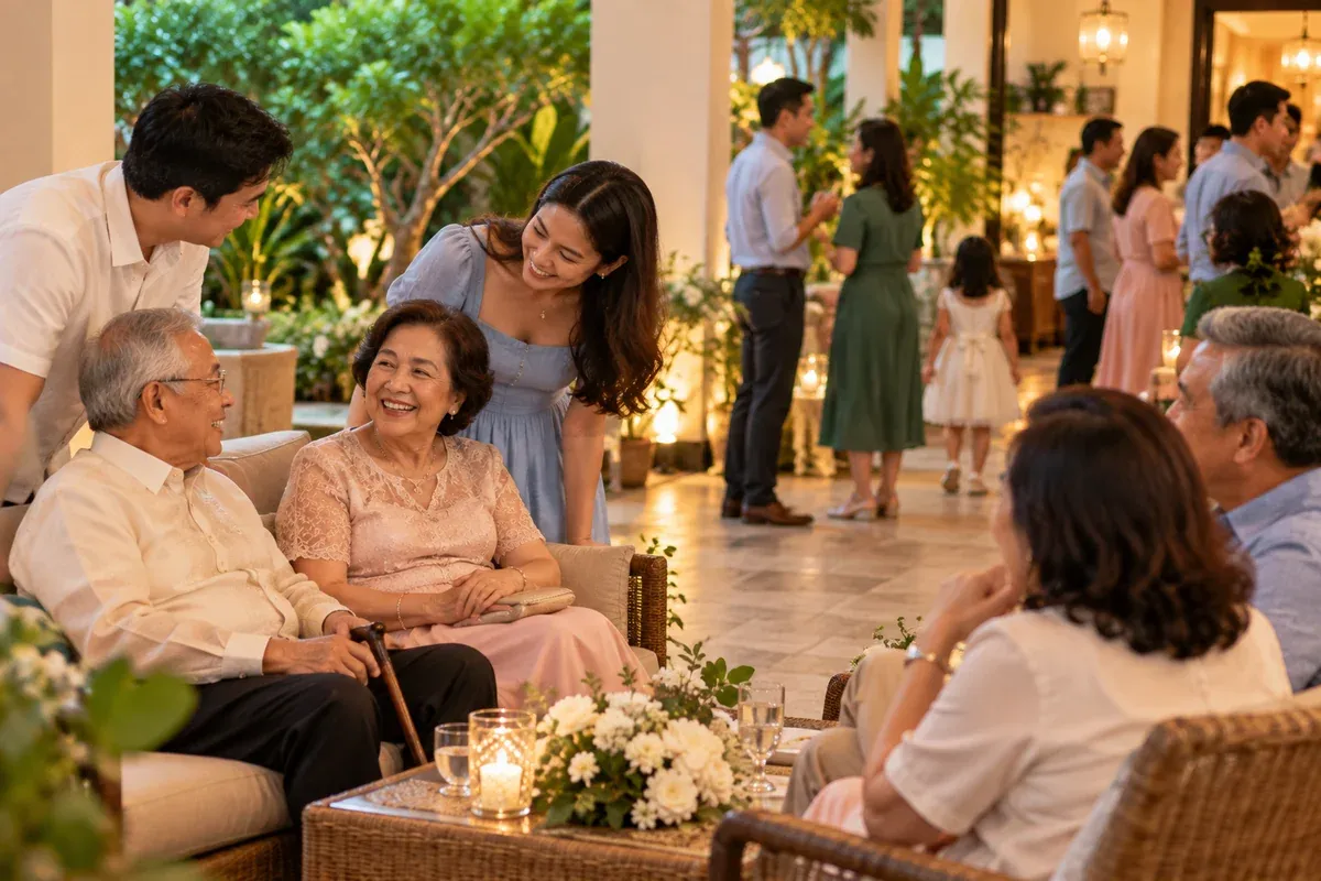 Multigenerational Filipino family gathering with comfortable seating and a clear walking path