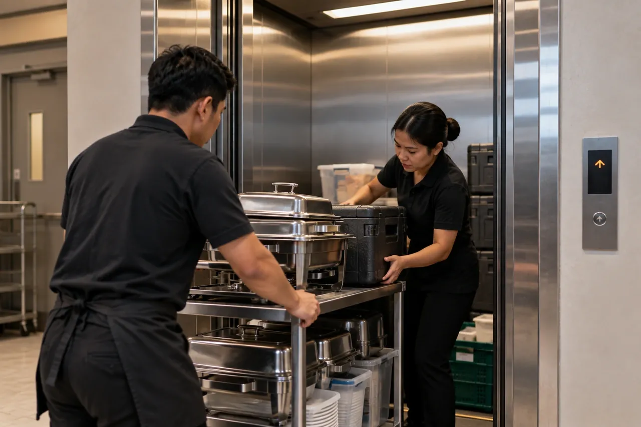 Illustrative service-elevator logistics scene showing the physical constraints suppliers may need to plan around