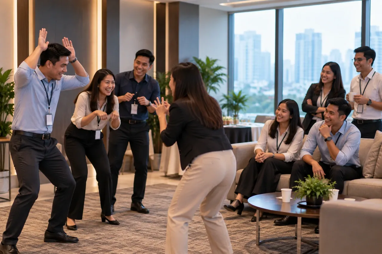 Illustrative company-event activity scene with voluntary participation and natural employee interaction