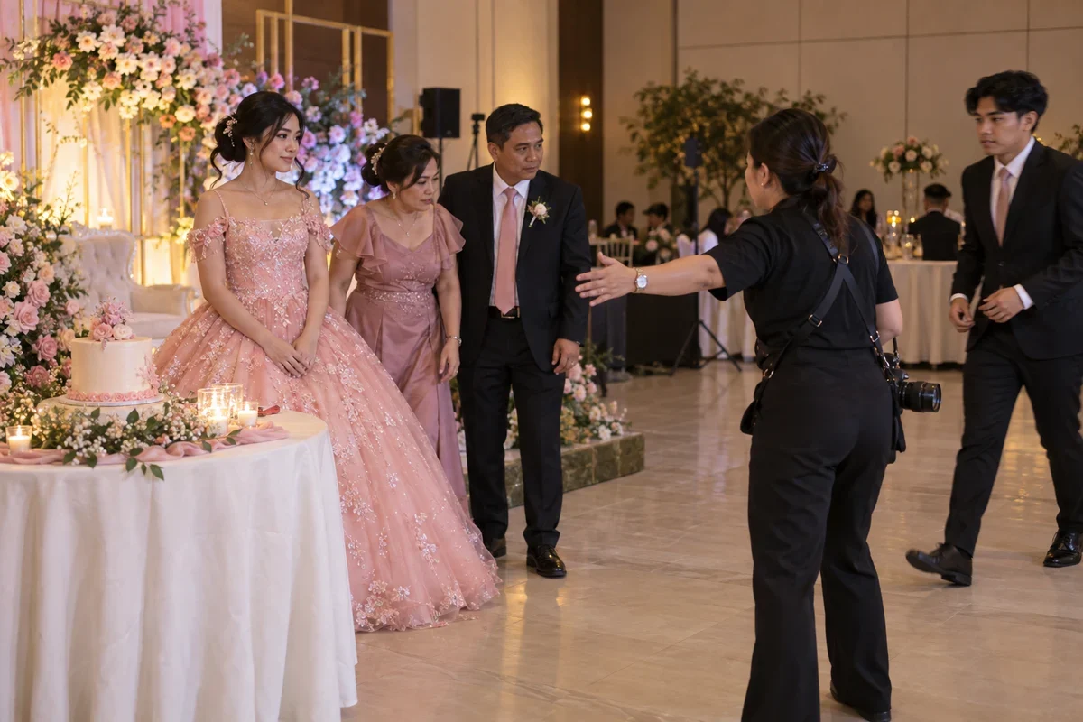 A cake and photo transition during a Debut while a photographer organizes the next family group.
