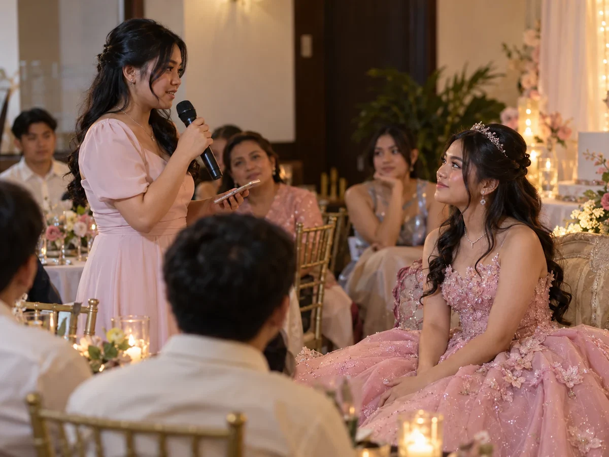 A young woman speaking into a microphone during a Debut message segment while guests listen.