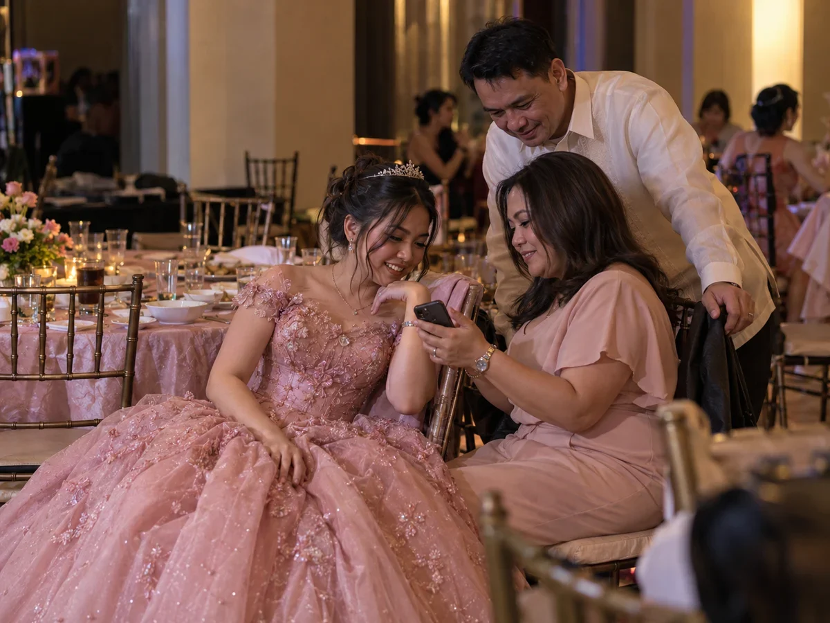 A relaxed Filipino family moment after the formal Debut program has ended.