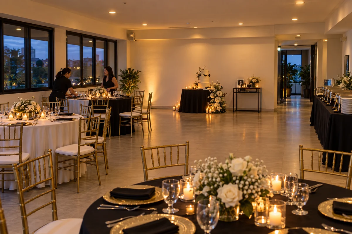 Black, white and gold Debut concept with formal evening styling, gold chairs and clear circulation.