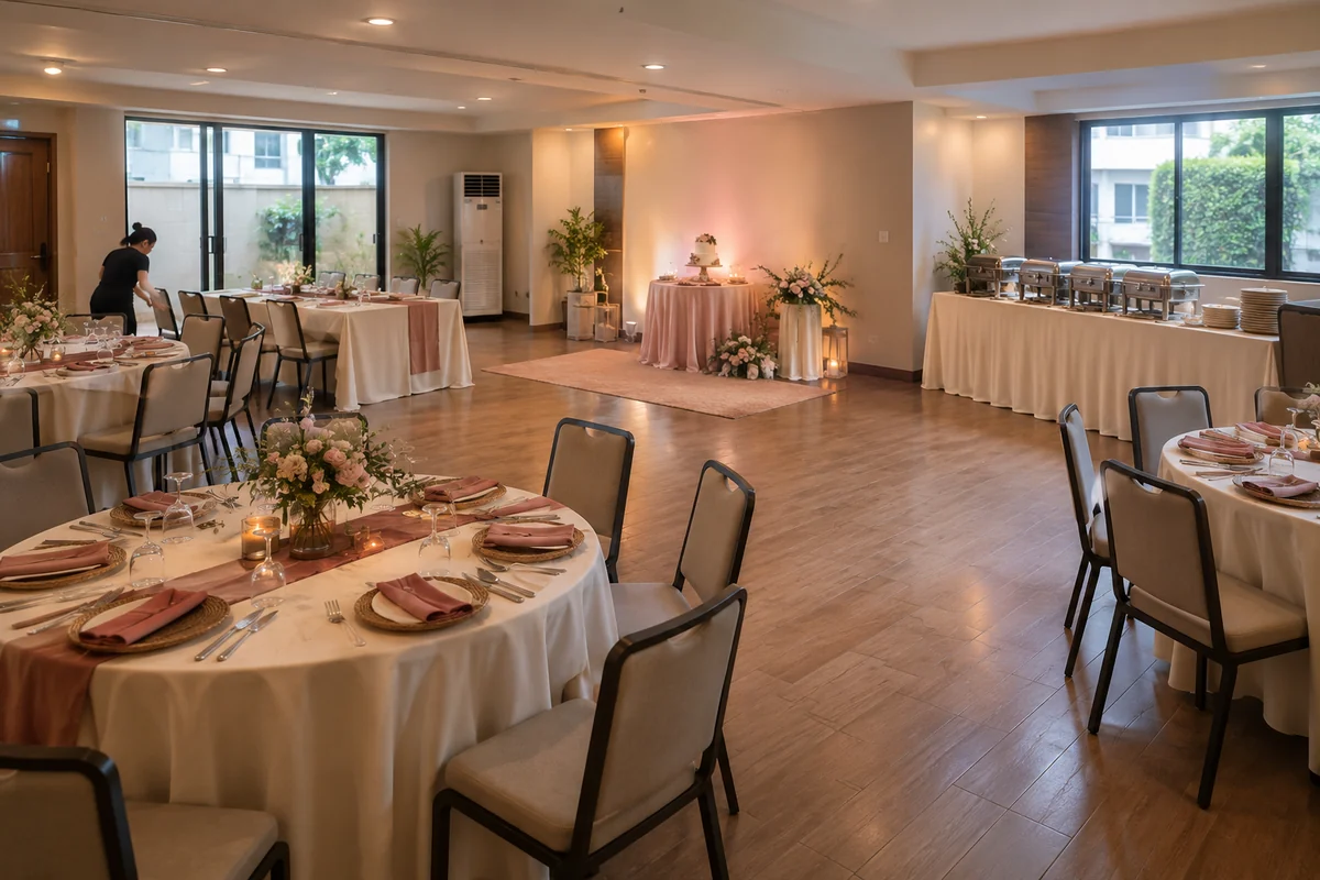Compact private function room arranged with guest tables, a small focal area and clear circulation for a Debut.