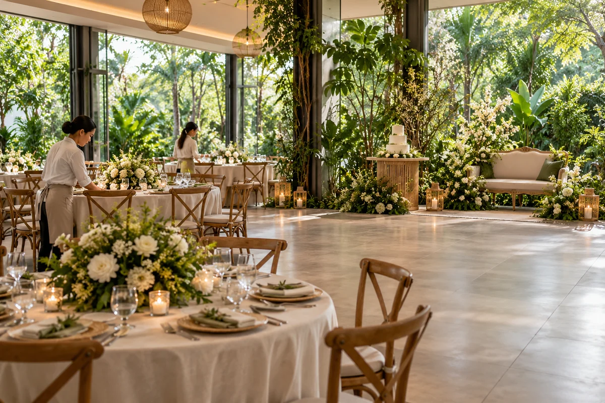 Garden and botanical Debut concept with greenery, soft florals and clear program space.