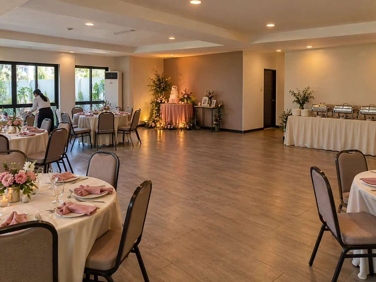 A modest Metro Manila function room arranged for a Debut with guest tables, a small cake area, open program space and clear service circulation.