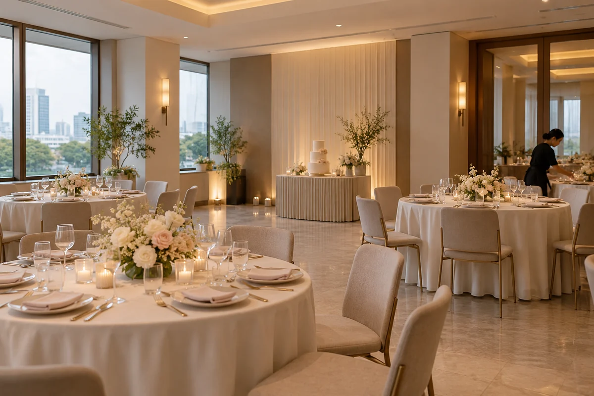Modern minimalist Debut concept in a polished function room with a restrained palette and uncluttered focal area.