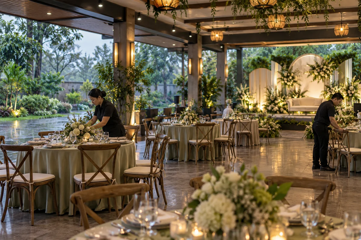 Covered Debut backup setup after rain with dry guest tables, a clear service route and damp greenery outside.