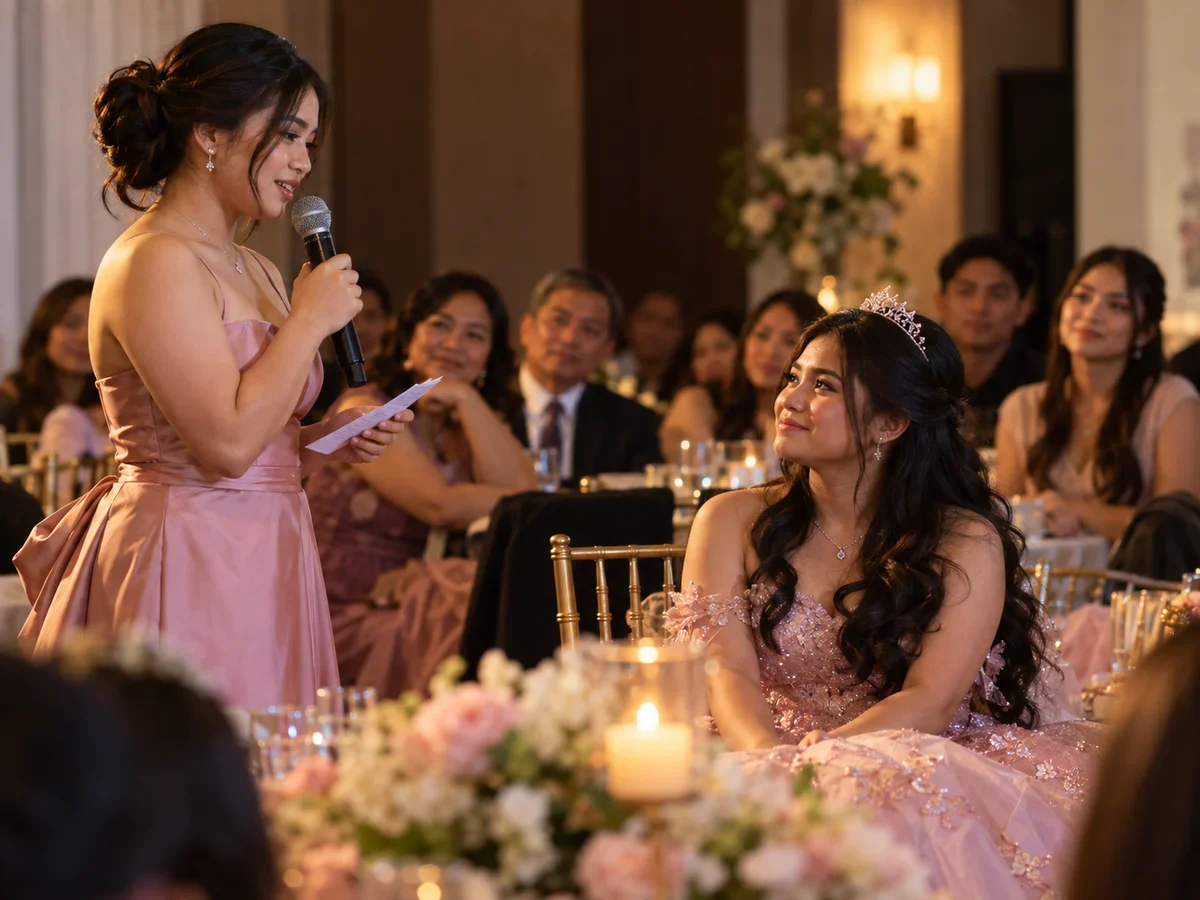 A family member speaking during an 18 Candles-style message while the debutante listens.