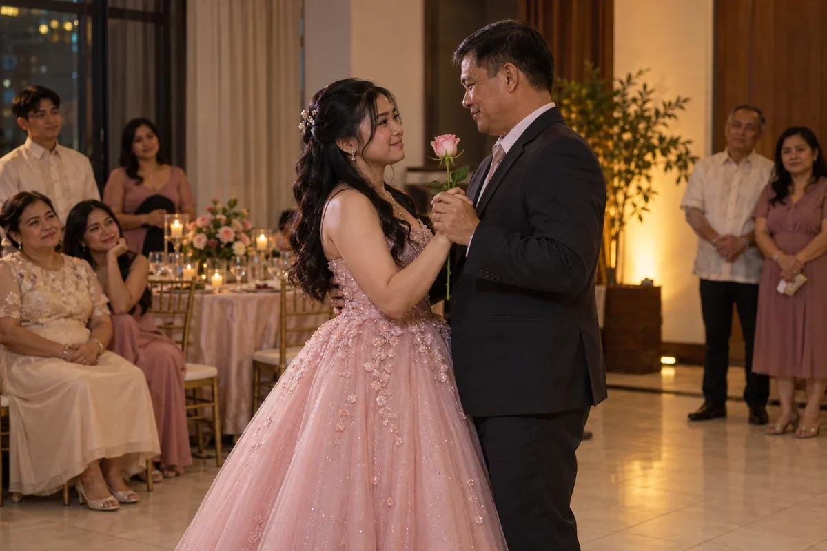 A Filipino debutante sharing an 18 Roses dance while family members watch in a modest function room.