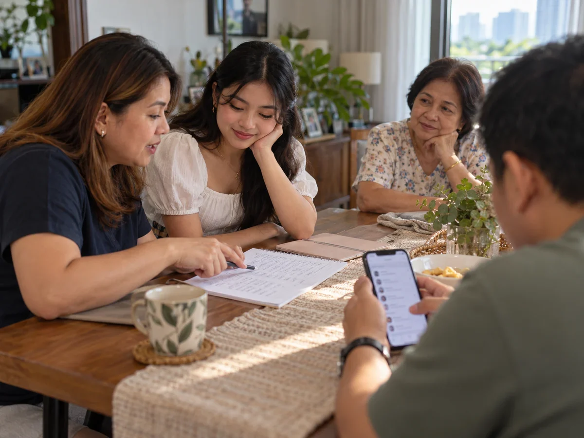 A multigenerational Filipino family discussing a Debut participant list together at home.