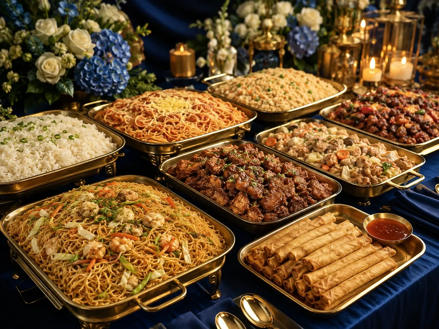 Assorted Filipino party food trays with pancit, rice, pasta, lumpia, chicken, and meat dishes