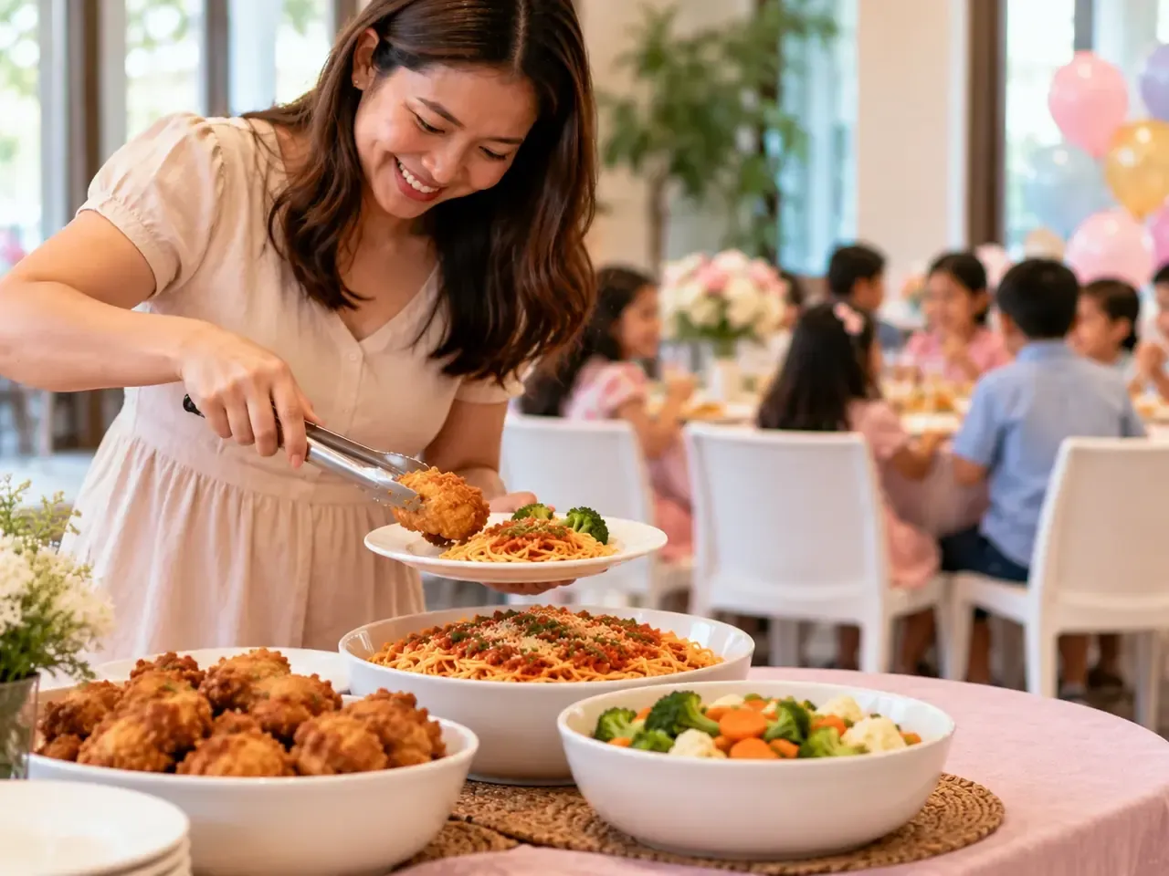 Parent portioning birthday food onto a plate while children remain in the background.