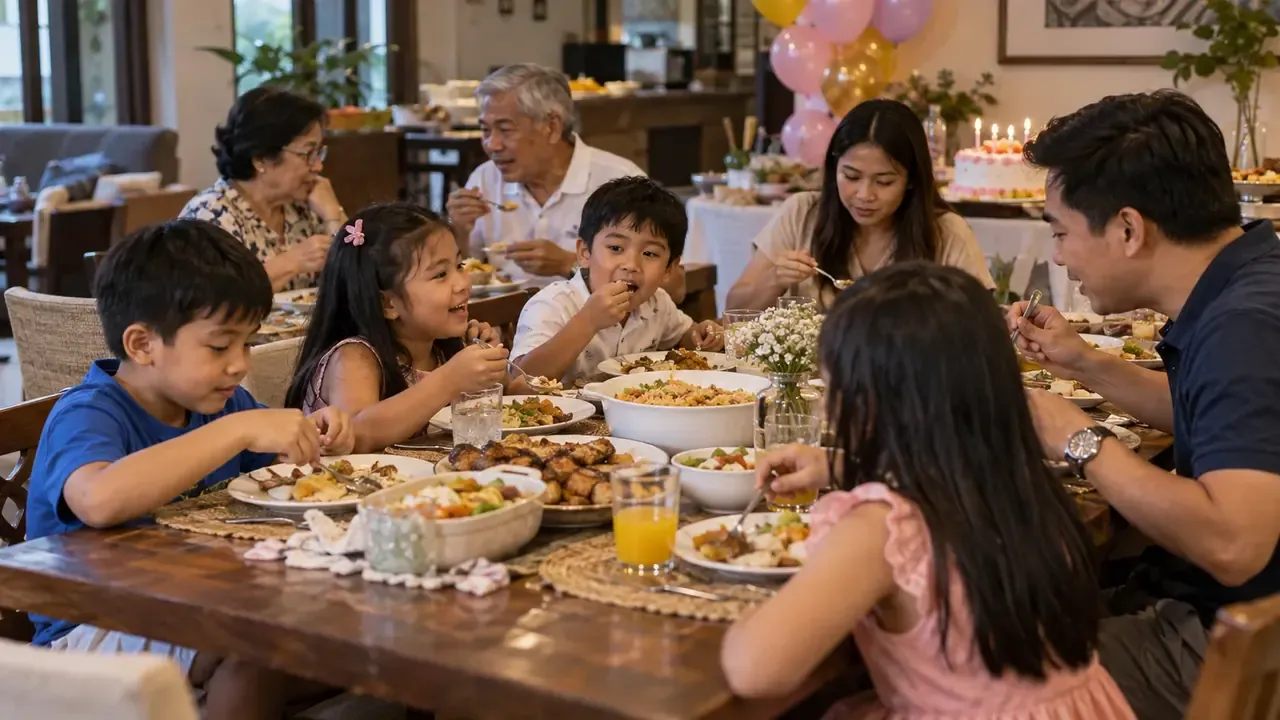 Filipino children and adults sharing a birthday meal together in a modest family celebration setting.