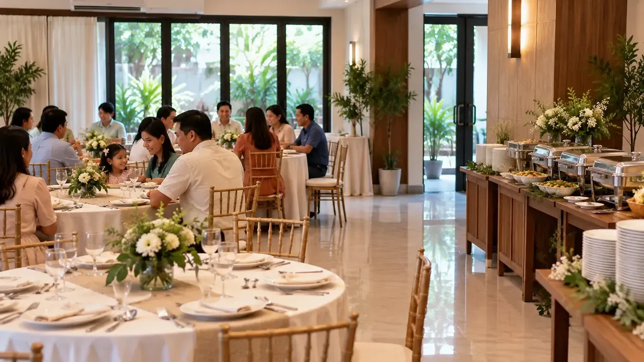Function room with guest tables, a serving area and a clear walking path between them.