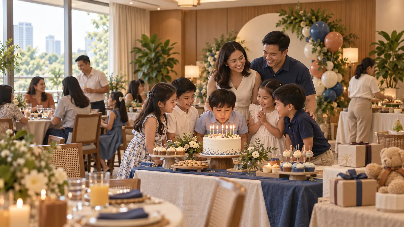 Illustrative Filipino children’s birthday celebration with family and a simple decorated party table