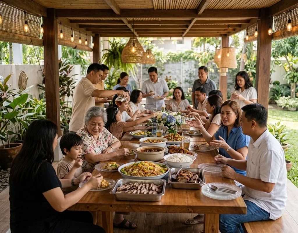 Filipino family sharing a Mother’s Day salu-salo under a covered garden patio