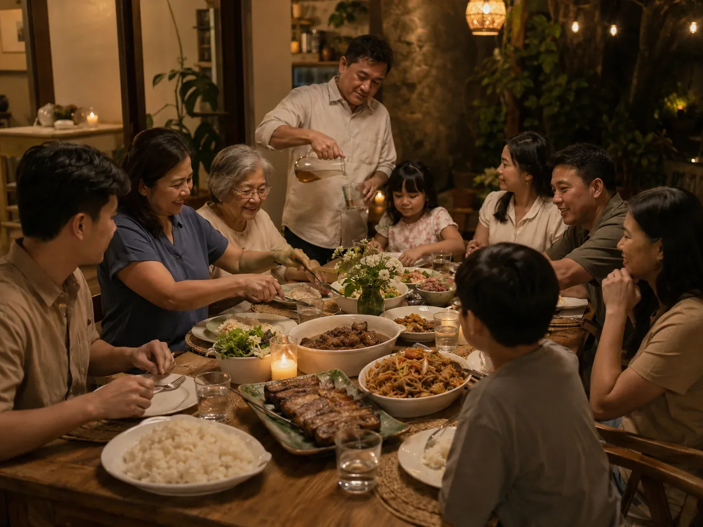 Family sharing an evening Mother’s Day dinner with dishes being passed around the table