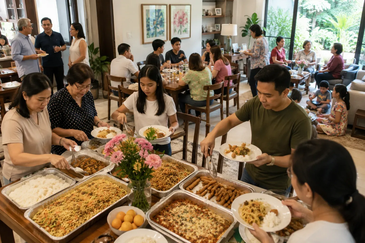 Medium-size Filipino family gathering with buffet-style serving at home