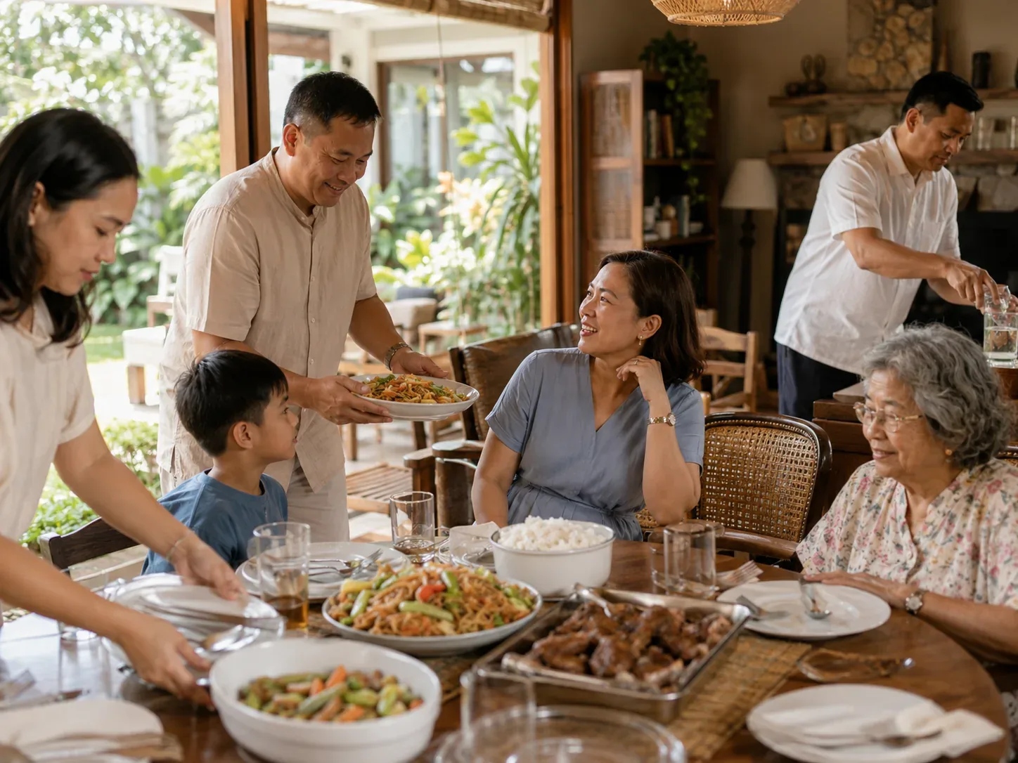 Mother relaxing while family members prepare the table for a Mother’s Day meal