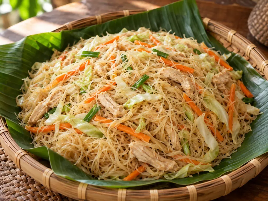 Fine opaque Bihon rice vermicelli with chicken and vegetables in a bilao
