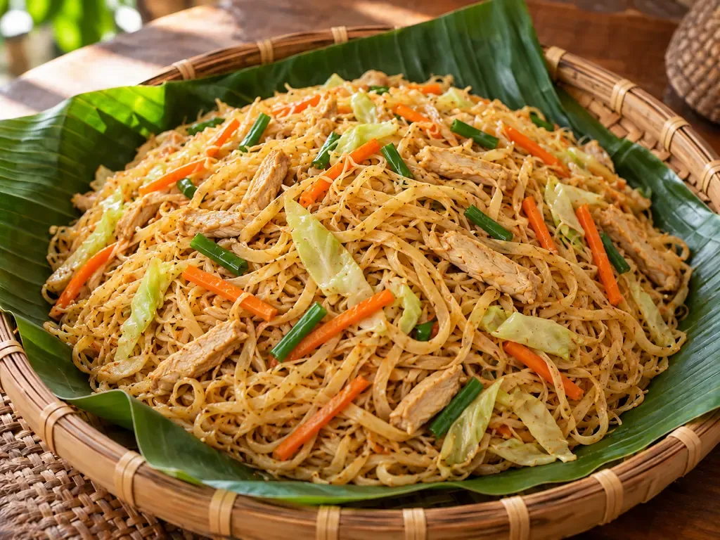 Thin golden Pancit Canton flour-stick noodles with chicken and vegetables in a bilao