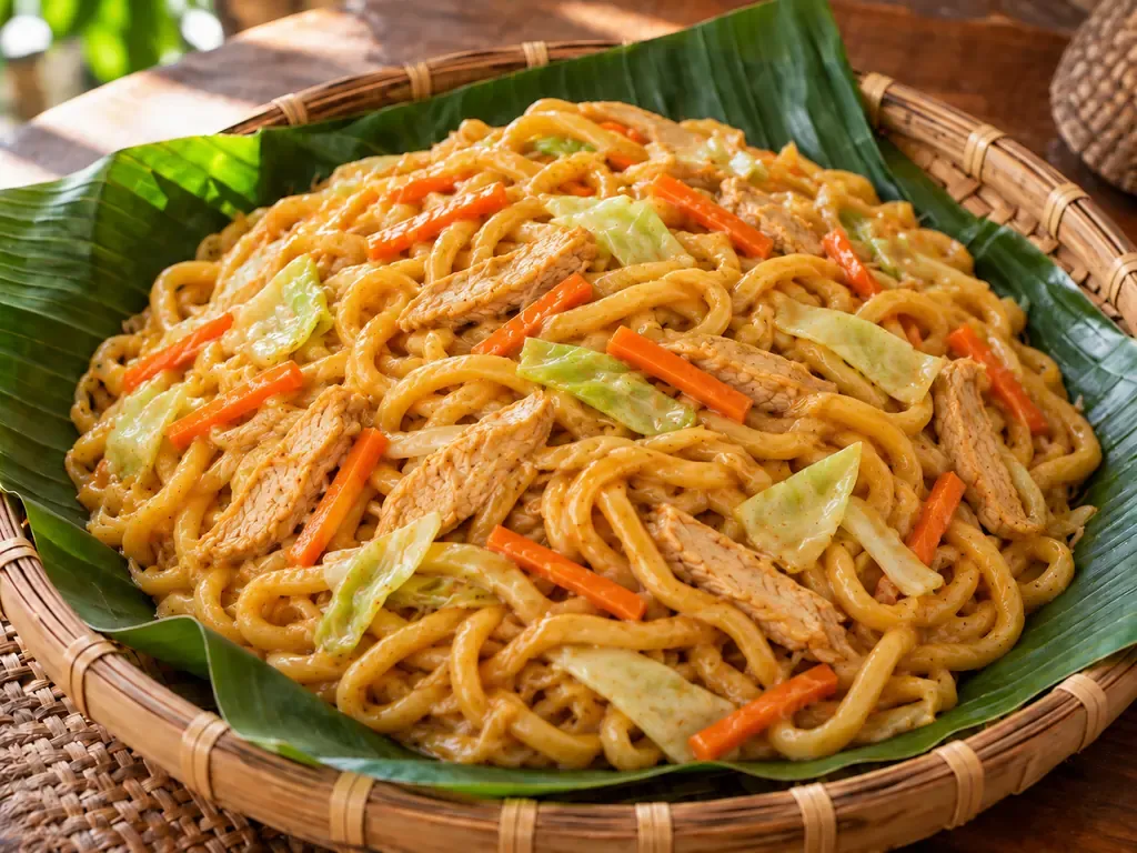 Thick saucy Chami noodles with chicken and vegetables in a bilao