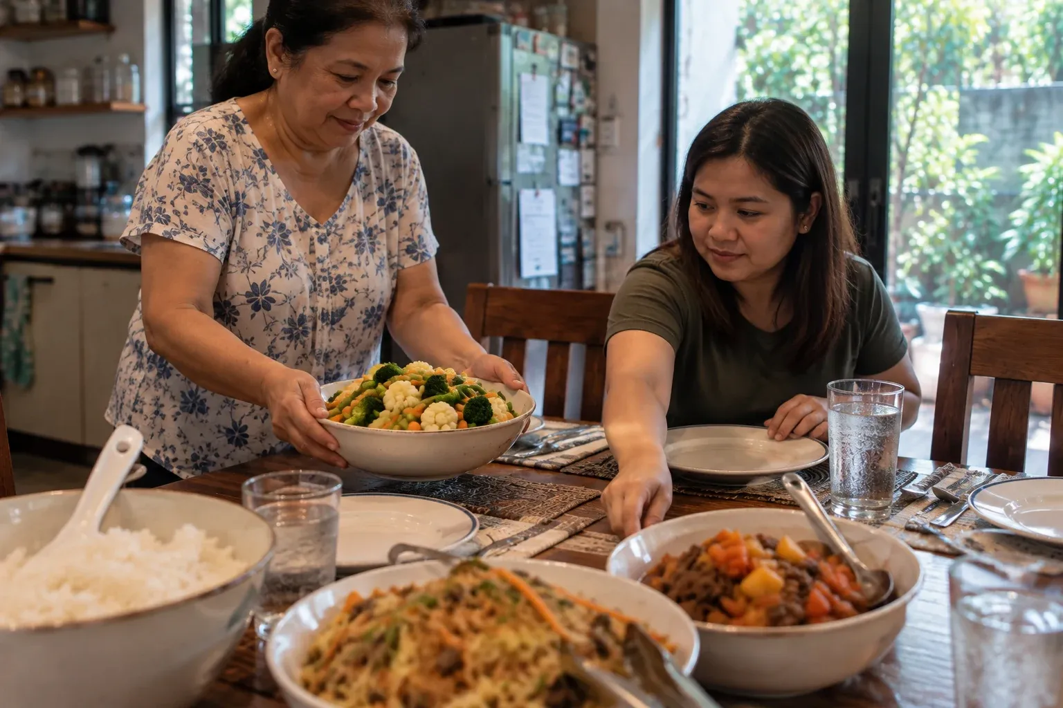 Two relatives add a vegetable dish to an already prepared family meal.