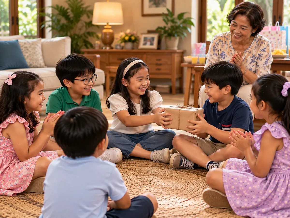 Children seated in a circle passing a wrapped parcel while an adult controls the music