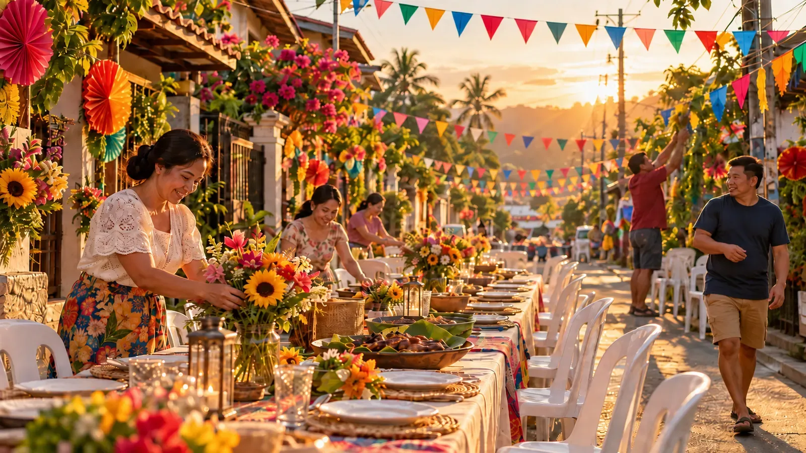 Neighbours preparing a decorated street and shared table for a Filipino fiesta