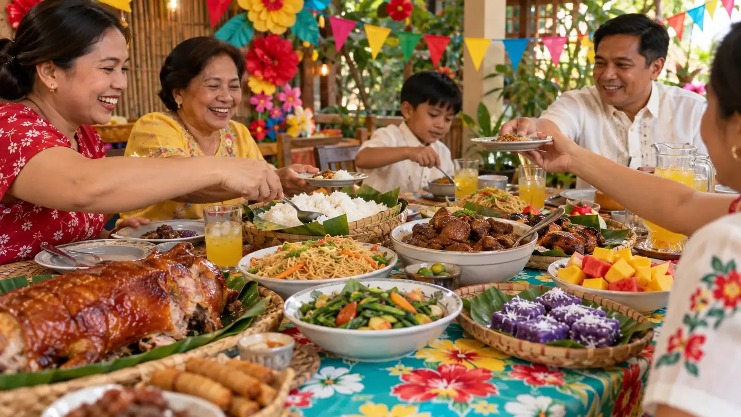 Shared Filipino celebration table with varied food roles and drinks