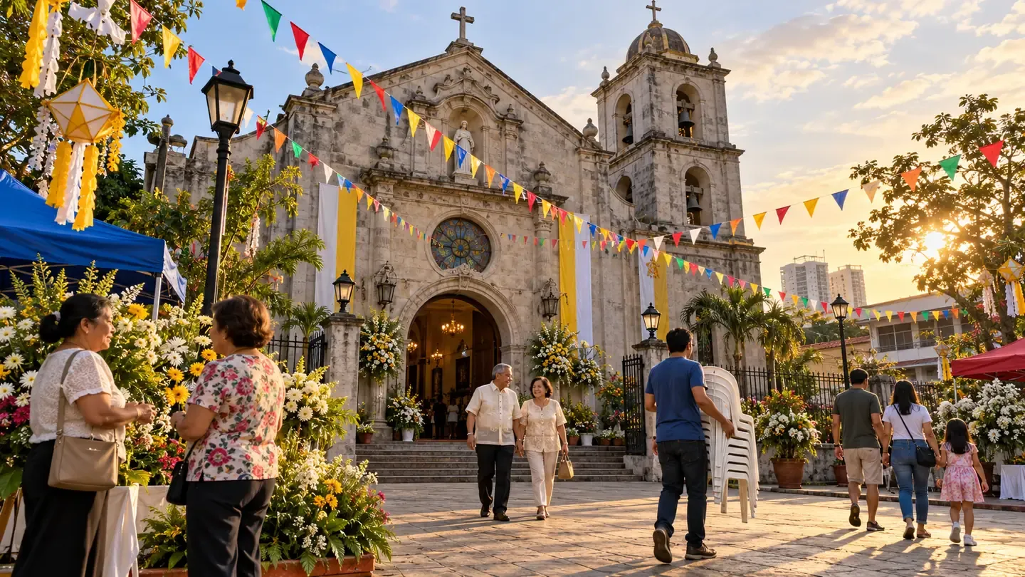 Parish and community forecourt decorated for a local Filipino fiesta