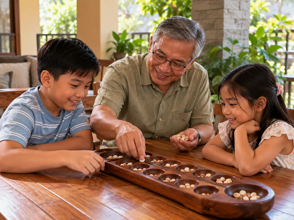 Two children and an older family member sharing a quiet Sungka game at a shaded table