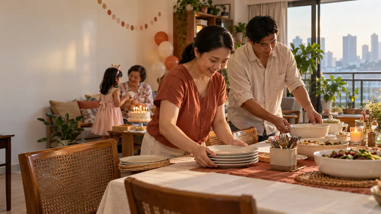 Filipino family hosts arranging a birthday meal table before guests begin eating.