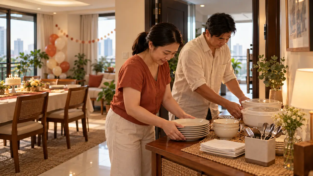Filipino hosts preparing plates, utensils and a clear receiving table before a birthday meal.